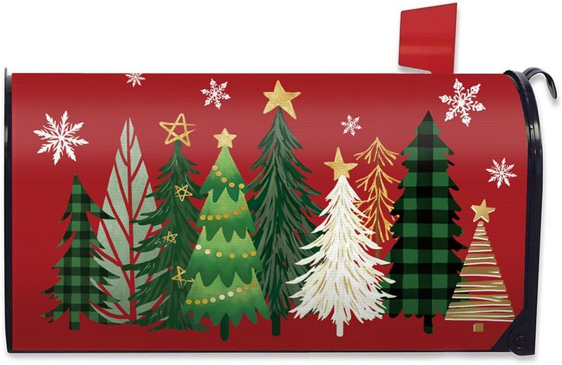 FBCOO Christmas Tree Red Mailbox Cover Magnetic Standard Size 20.5" x 18", Xmas Pine Trees Decorative Post Letter Box Wrap Decor, Winter Holiday Snowflake Garden Yard Outdoor Decoration - Image 1